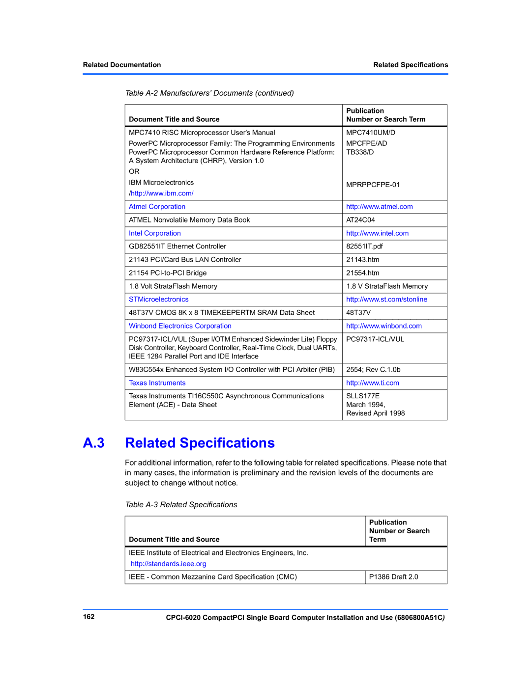 Motorola CPCI-6020 manual Table A-3 Related Specifications 