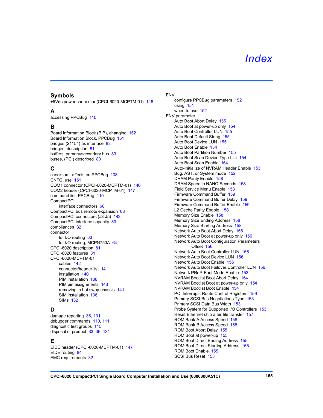 Motorola CPCI-6020 manual Index, Symbols 