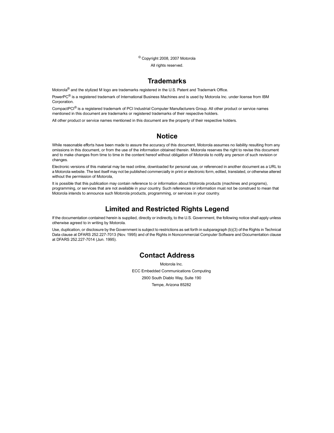 Motorola CPCI-6020 manual Contact Address 