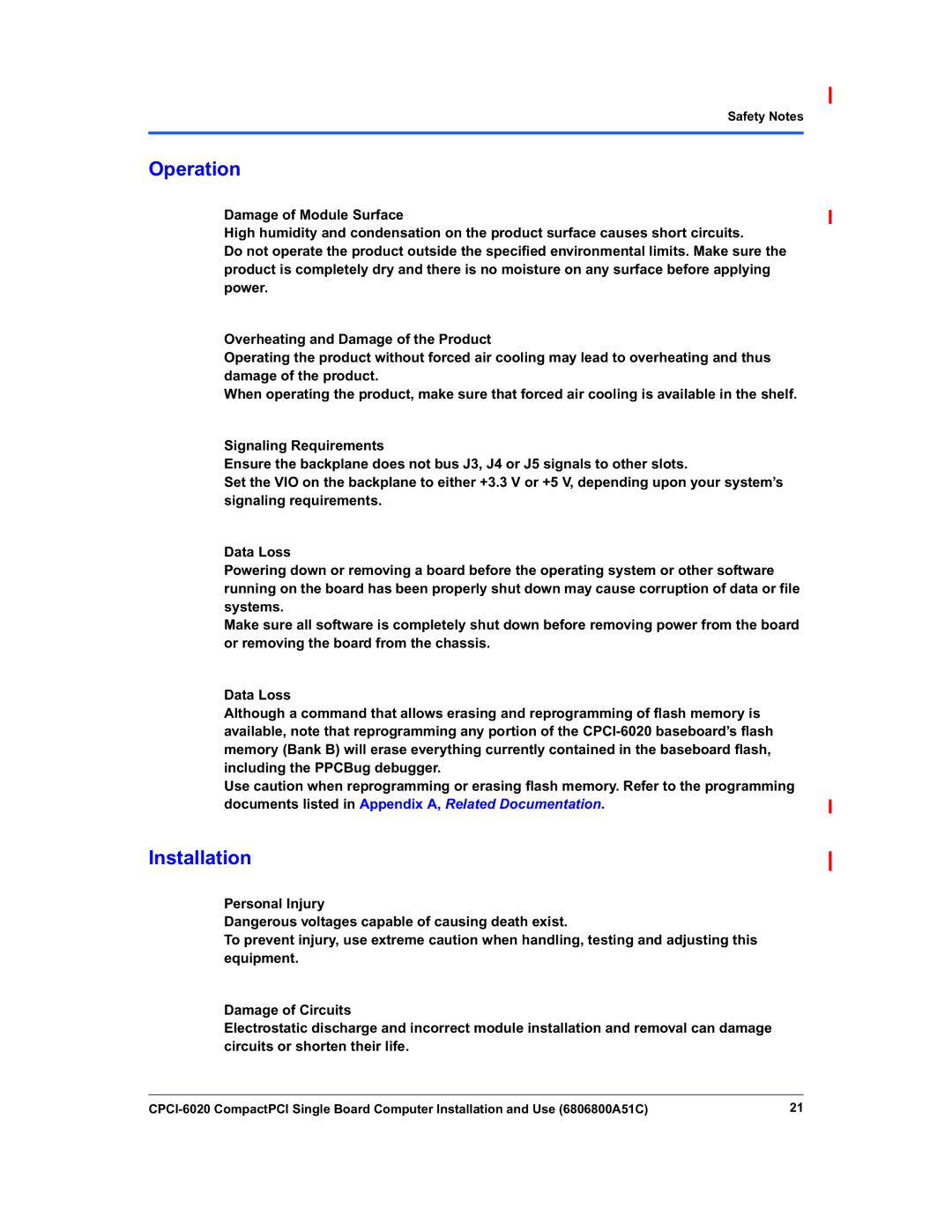 Motorola CPCI-6020 manual Operation, Installation 