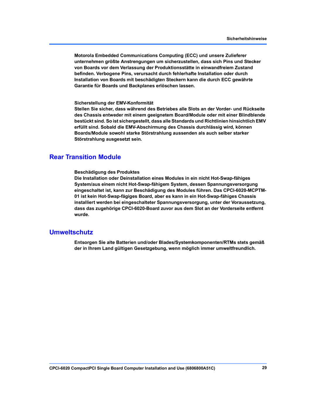 Motorola CPCI-6020 manual Rear Transition Module, Umweltschutz 