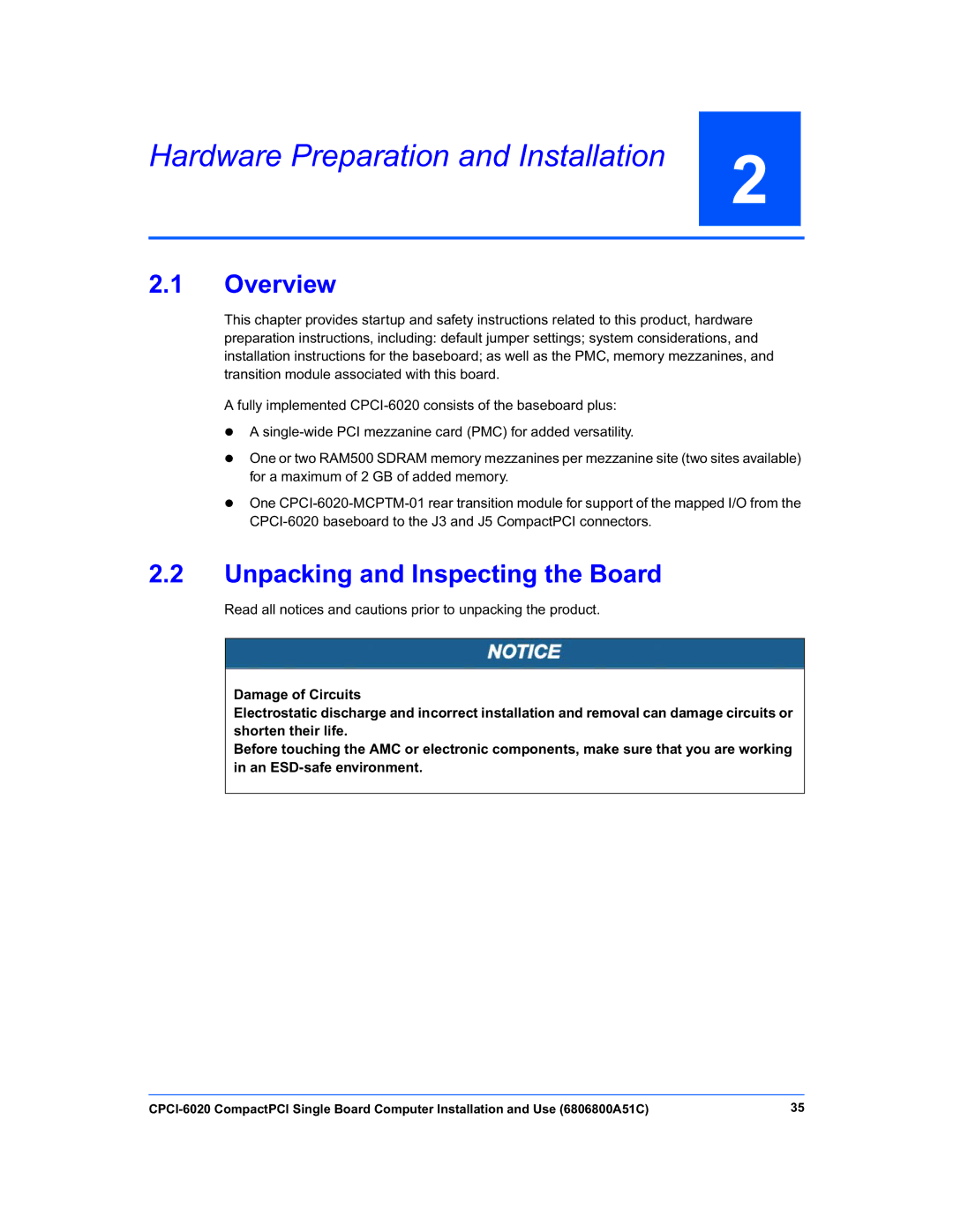 Motorola CPCI-6020 manual Hardware Preparation and Installation, Overview, Unpacking and Inspecting the Board 