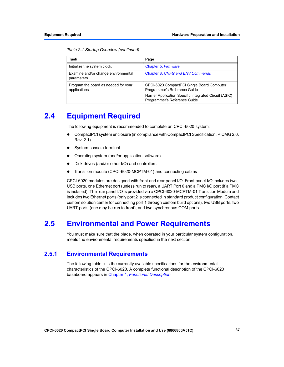 Motorola CPCI-6020 manual Equipment Required, Environmental and Power Requirements, Environmental Requirements, Task 