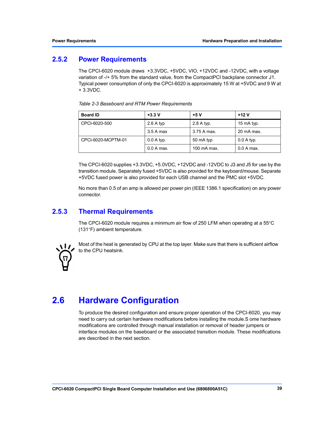 Motorola CPCI-6020 manual Hardware Configuration, Thermal Requirements, Baseboard and RTM Power Requirements 