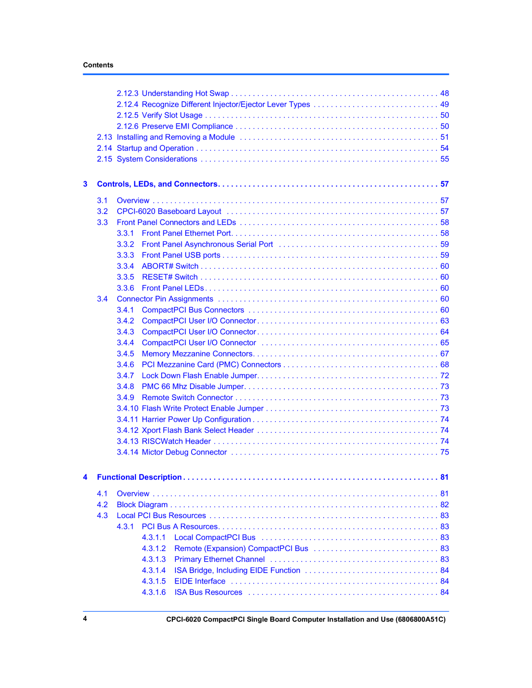 Motorola CPCI-6020 manual Controls, LEDs, and Connectors, Contents 