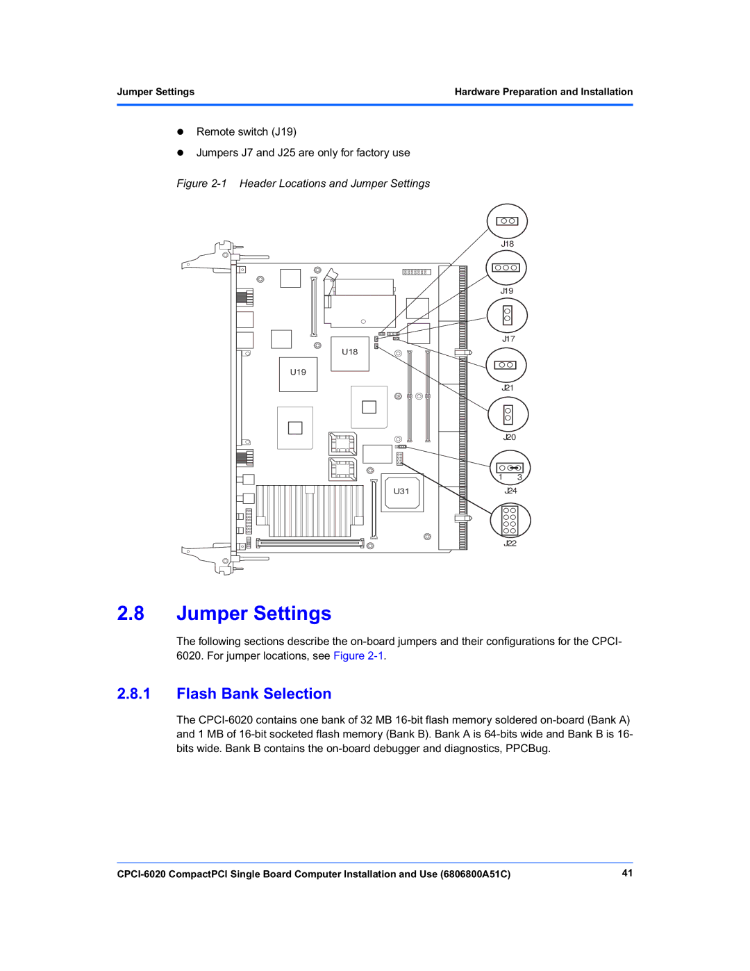 Motorola CPCI-6020 manual Jumper Settings, Flash Bank Selection 