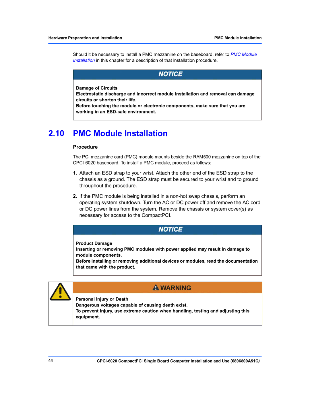 Motorola CPCI-6020 manual PMC Module Installation, Procedure 