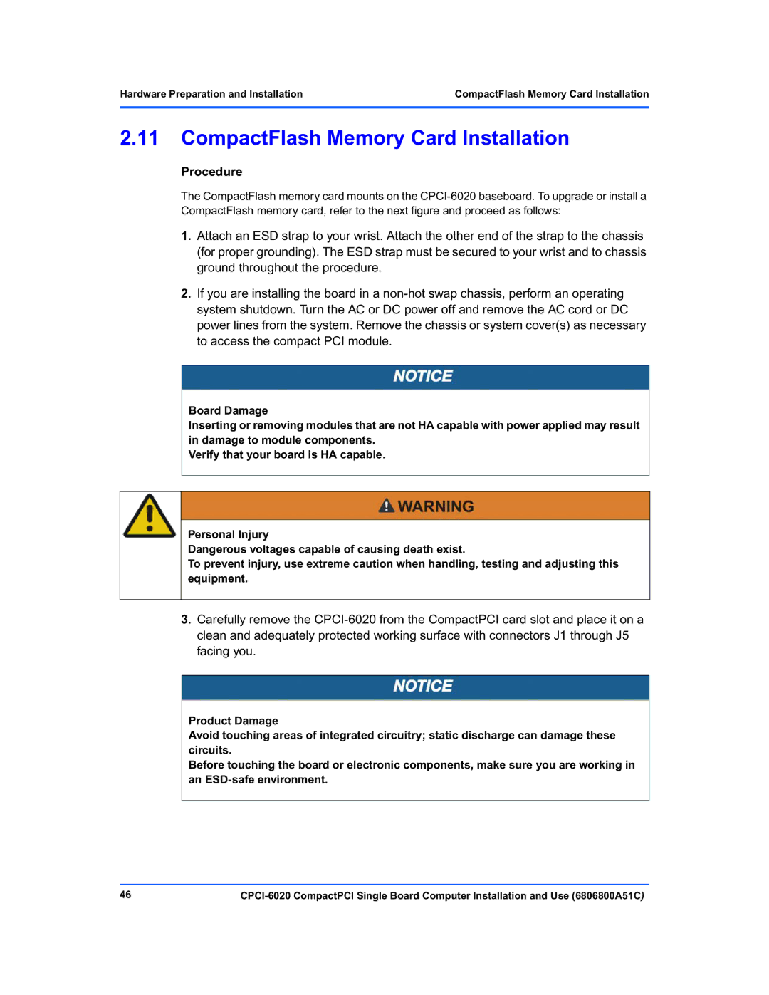 Motorola CPCI-6020 manual CompactFlash Memory Card Installation 