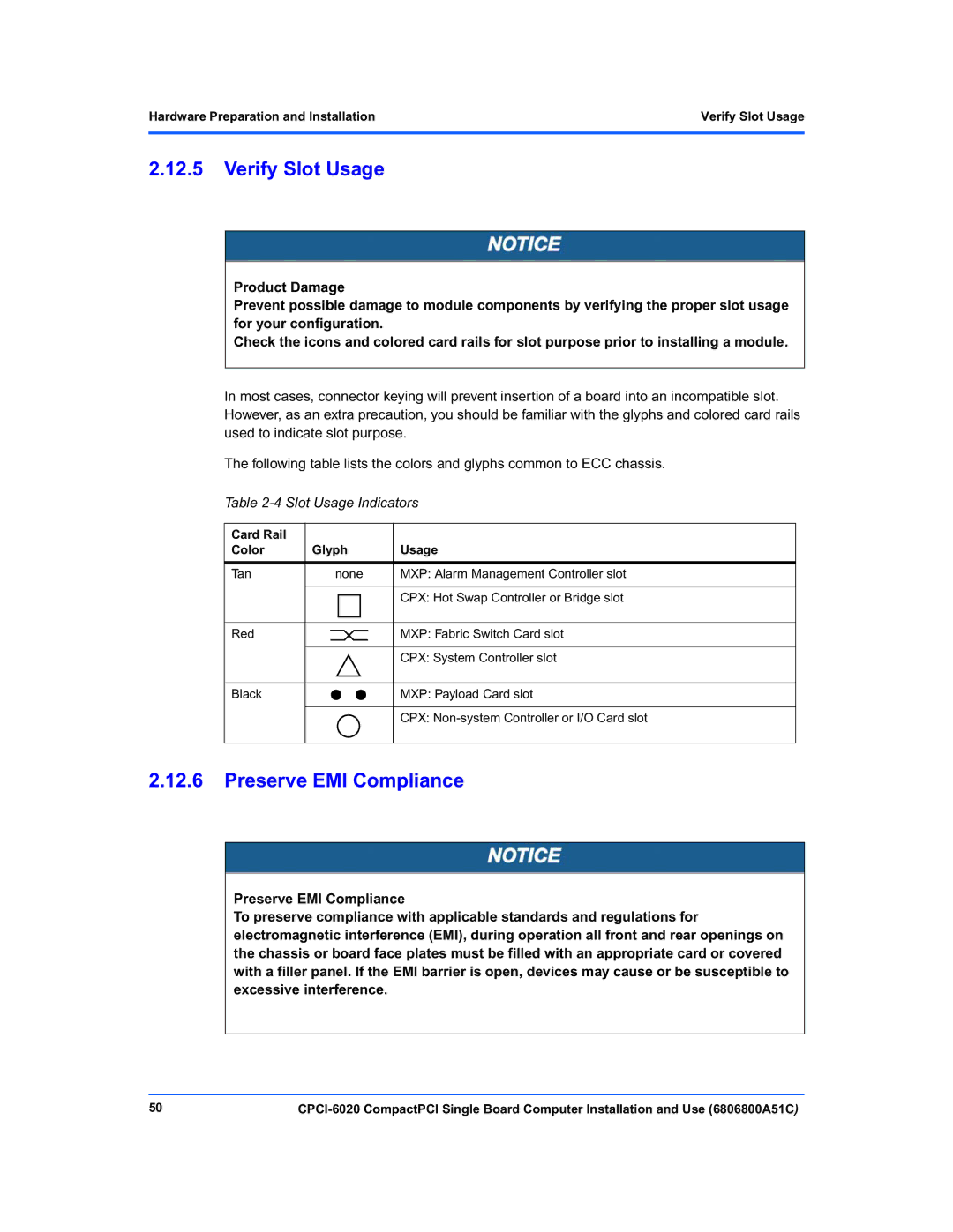 Motorola CPCI-6020 manual Verify Slot Usage, Preserve EMI Compliance, Slot Usage Indicators, Card Rail Color Glyph Usage 