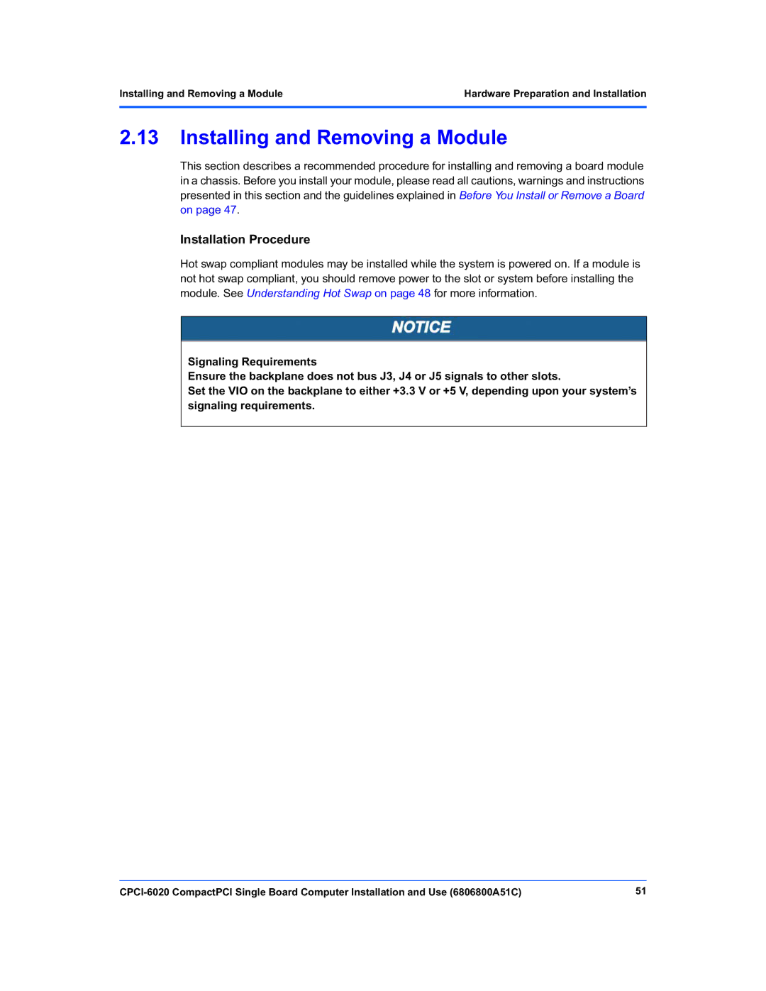 Motorola CPCI-6020 manual Installing and Removing a Module 