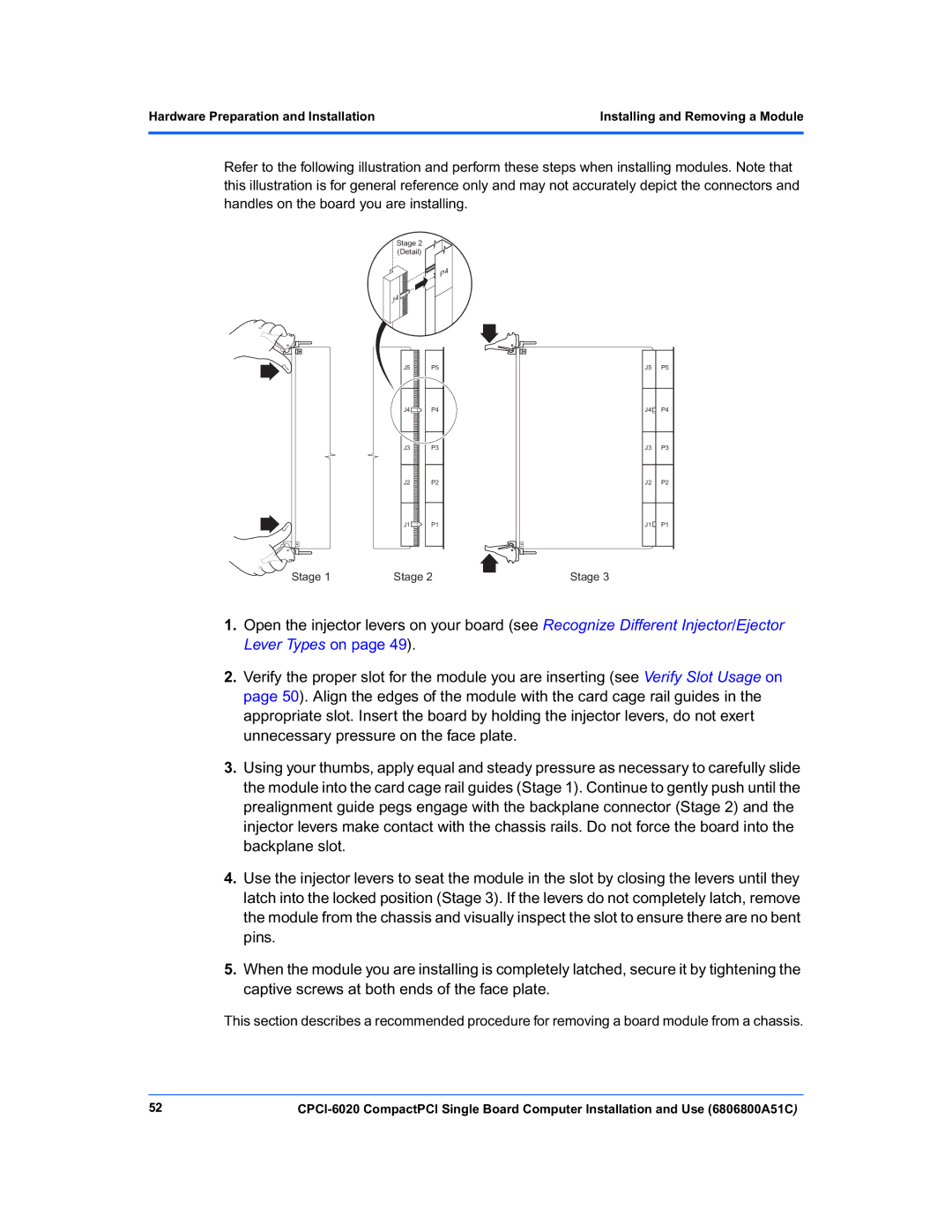 Motorola CPCI-6020 manual Installing and Removing a Module 