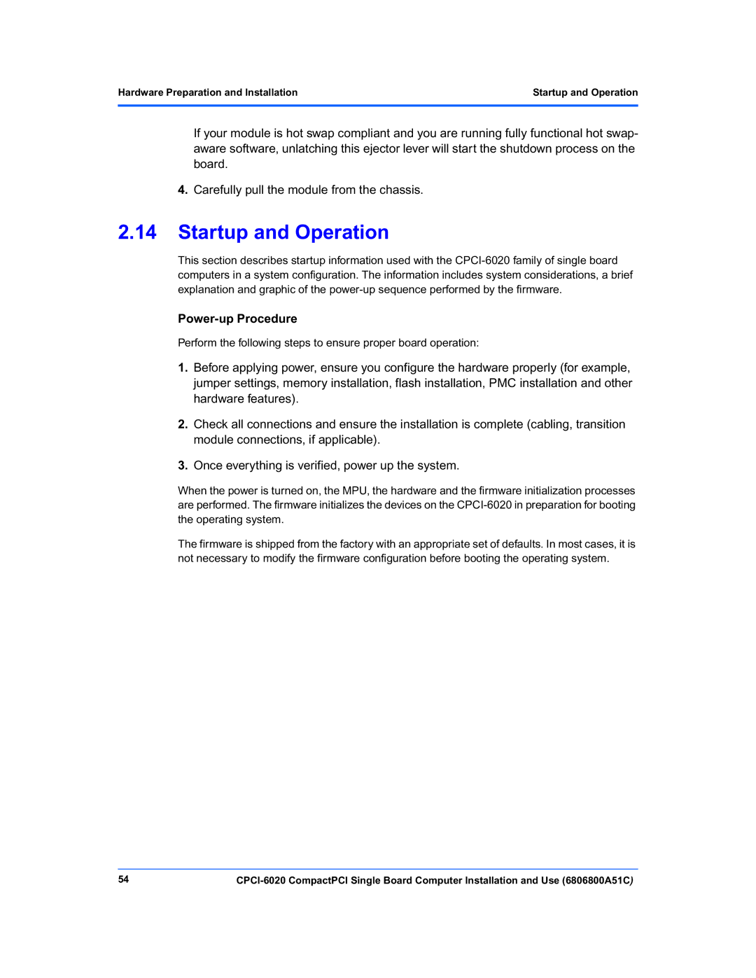 Motorola CPCI-6020 manual Startup and Operation, Power-up Procedure 