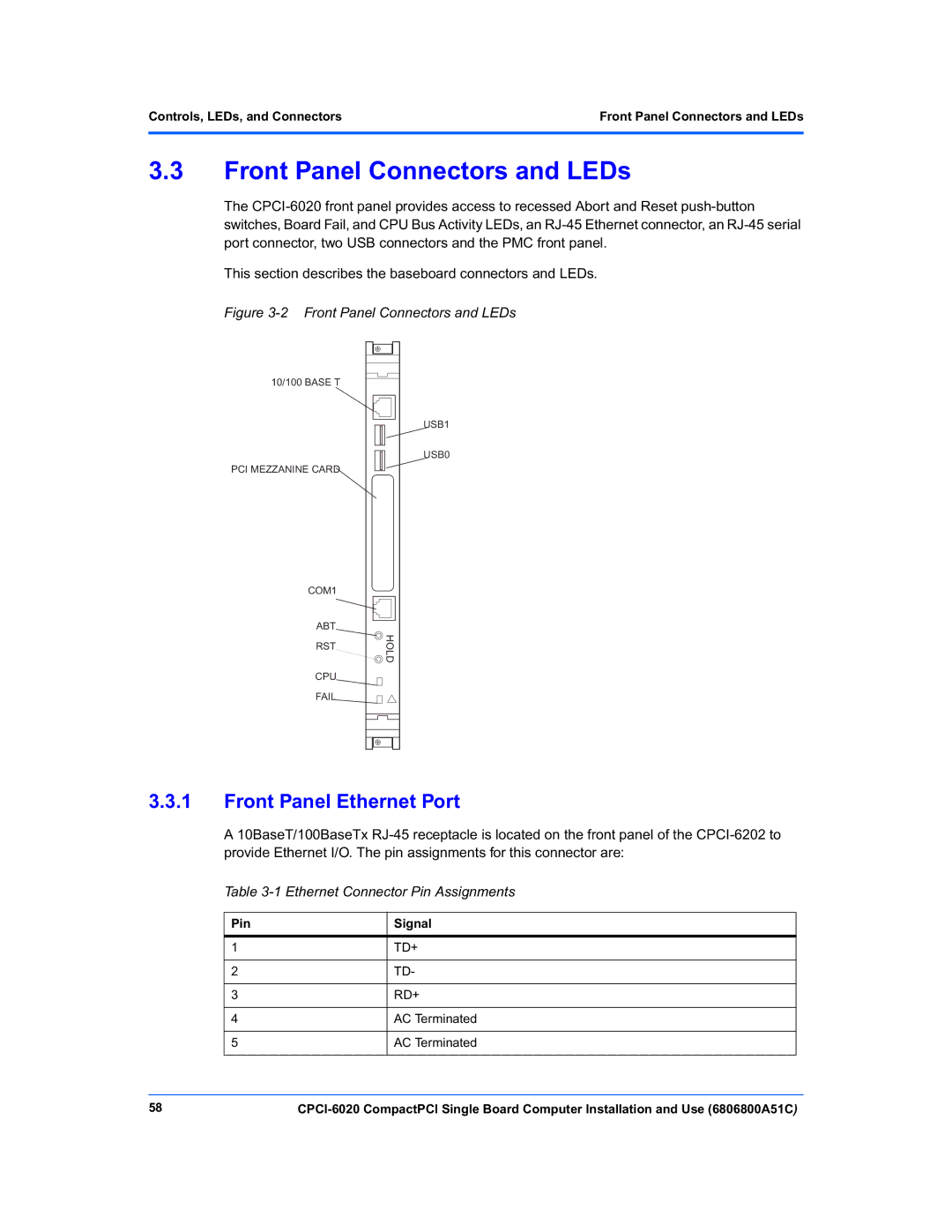 Motorola CPCI-6020 manual Front Panel Connectors and LEDs, Front Panel Ethernet Port, Ethernet Connector Pin Assignments 