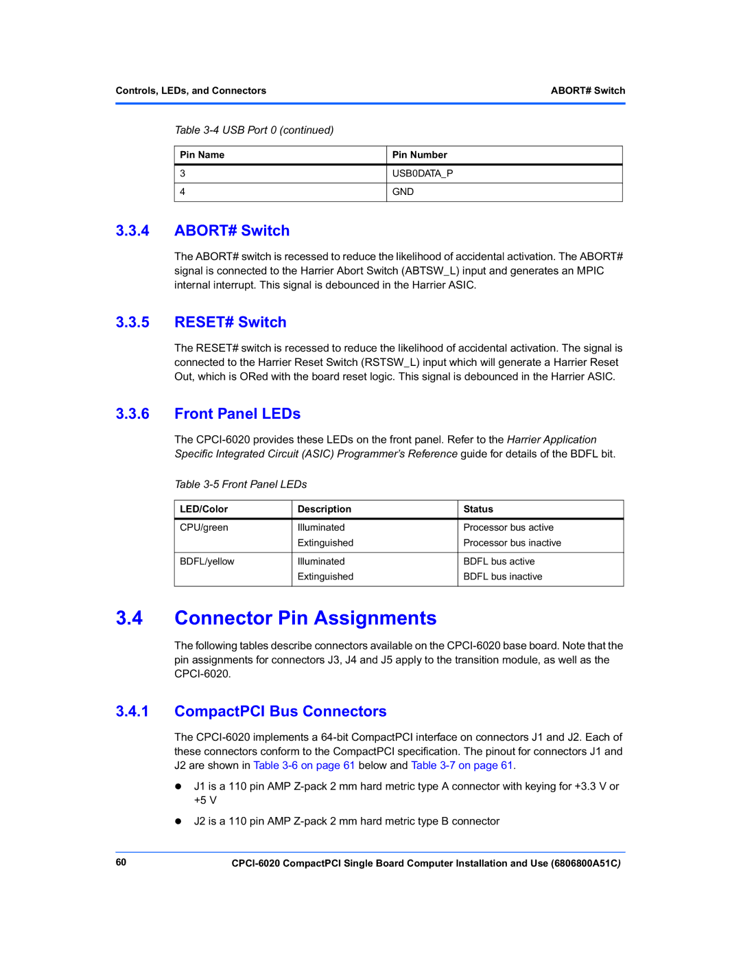 Motorola CPCI-6020 Connector Pin Assignments, ABORT# Switch, RESET# Switch, Front Panel LEDs, CompactPCI Bus Connectors 