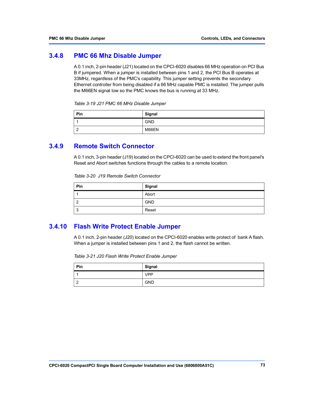 Motorola CPCI-6020 manual PMC 66 Mhz Disable Jumper, Remote Switch Connector, Flash Write Protect Enable Jumper 