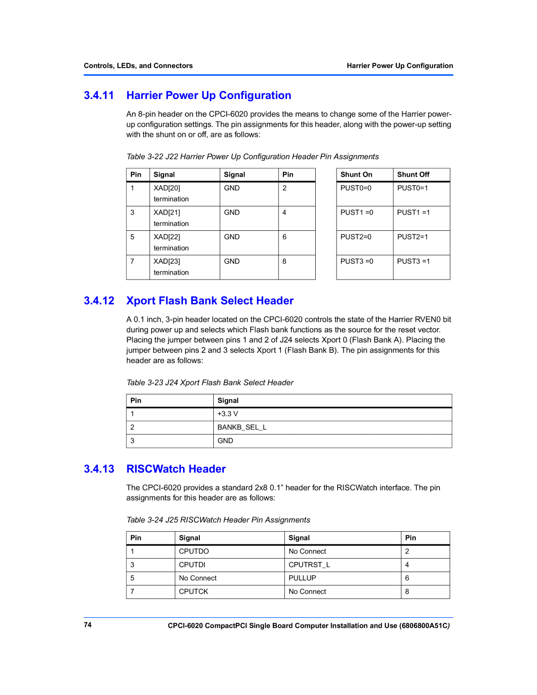Motorola CPCI-6020 manual Harrier Power Up Configuration, Xport Flash Bank Select Header, RISCWatch Header 