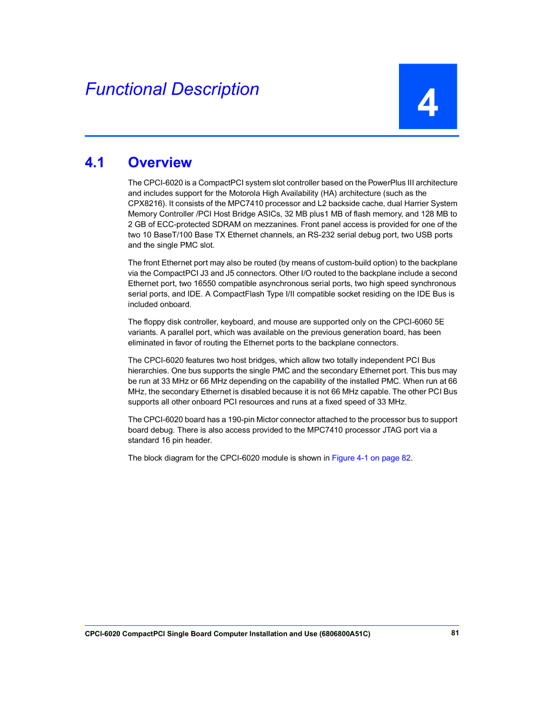 Motorola CPCI-6020 manual Functional Description, Overview 