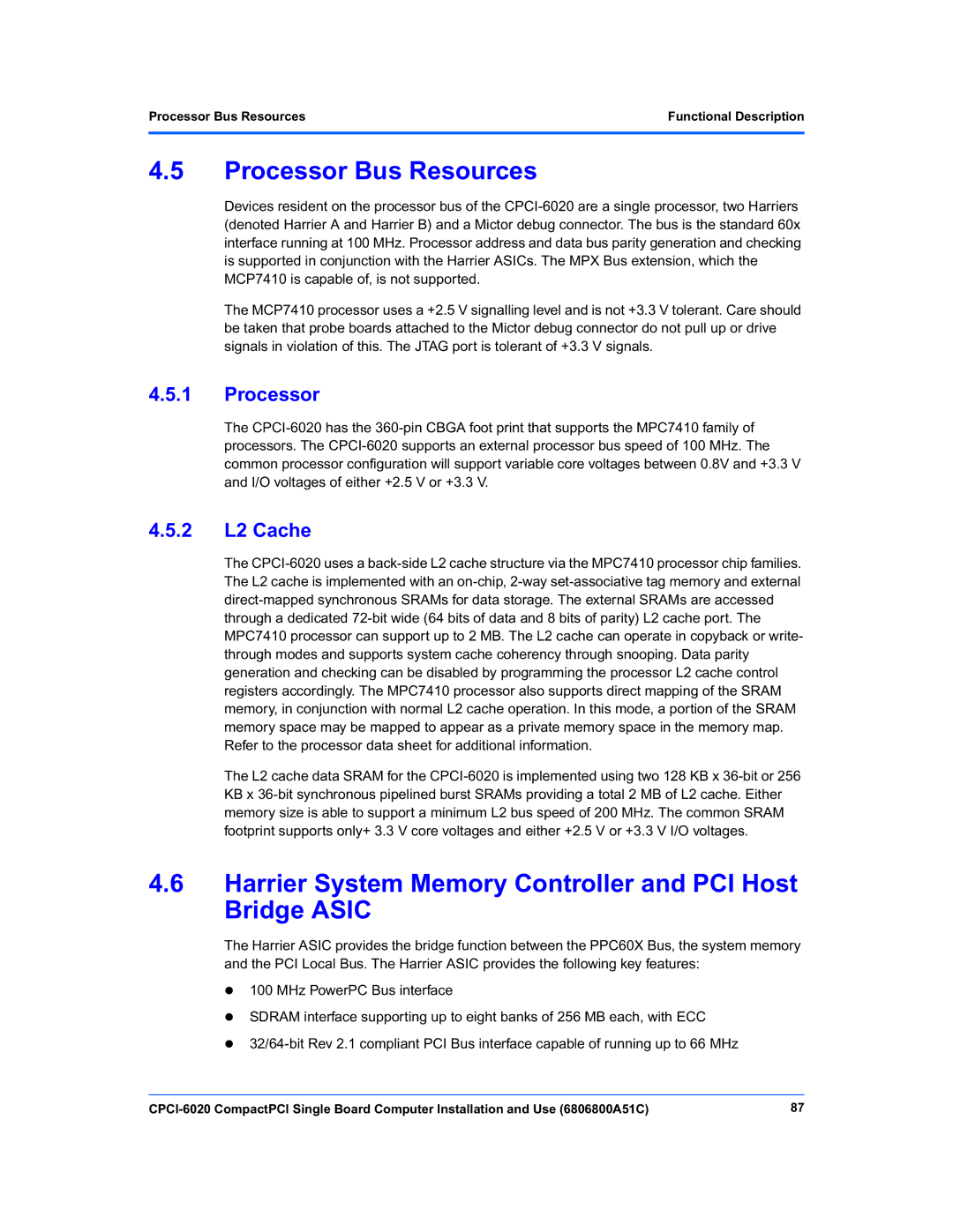 Motorola CPCI-6020 manual Processor Bus Resources, Harrier System Memory Controller and PCI Host Bridge Asic, 2 L2 Cache 