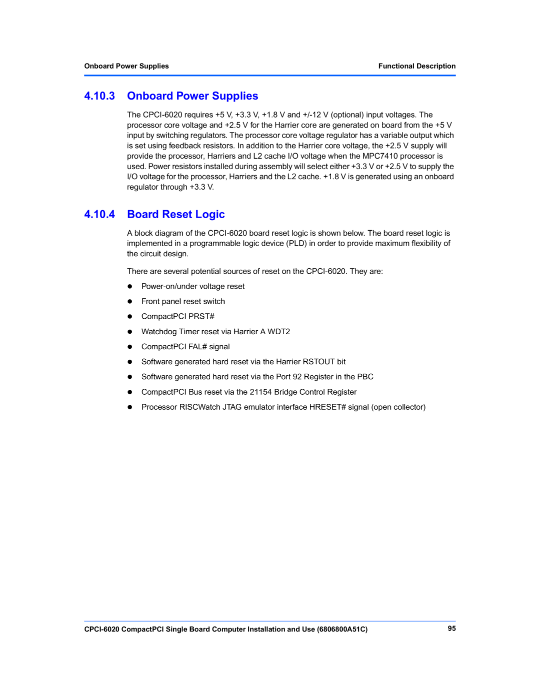 Motorola CPCI-6020 manual Onboard Power Supplies, Board Reset Logic 