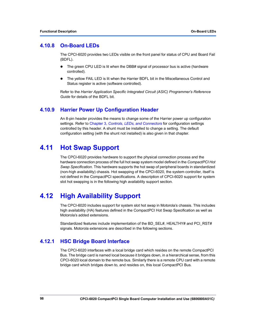 Motorola CPCI-6020 manual Hot Swap Support, High Availability Support, On-Board LEDs, HSC Bridge Board Interface 