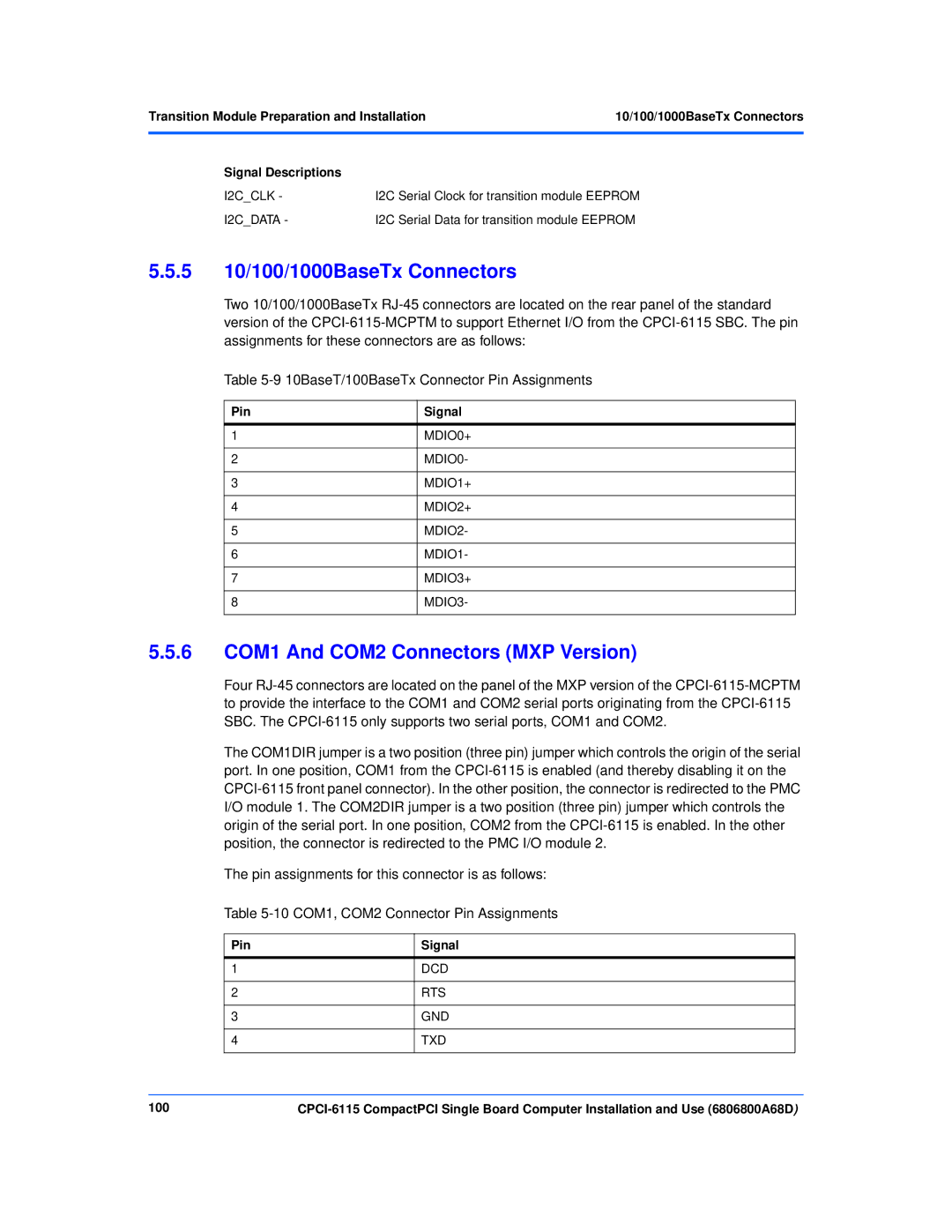 Motorola CPCI-6115 manual 5 10/100/1000BaseTx Connectors, 6 COM1 And COM2 Connectors MXP Version 