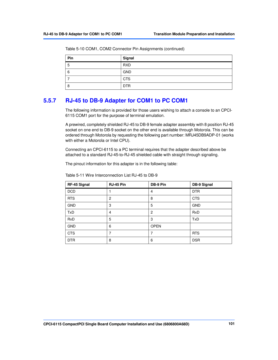 Motorola CPCI-6115 manual 7 RJ-45 to DB-9 Adapter for COM1 to PC COM1, Wire Interconnection List RJ-45 to DB-9 