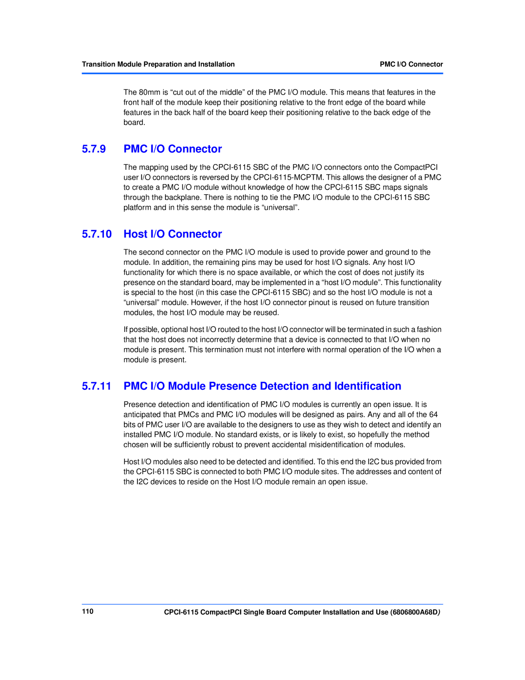 Motorola CPCI-6115 manual PMC I/O Connector, Host I/O Connector, PMC I/O Module Presence Detection and Identification, 110 