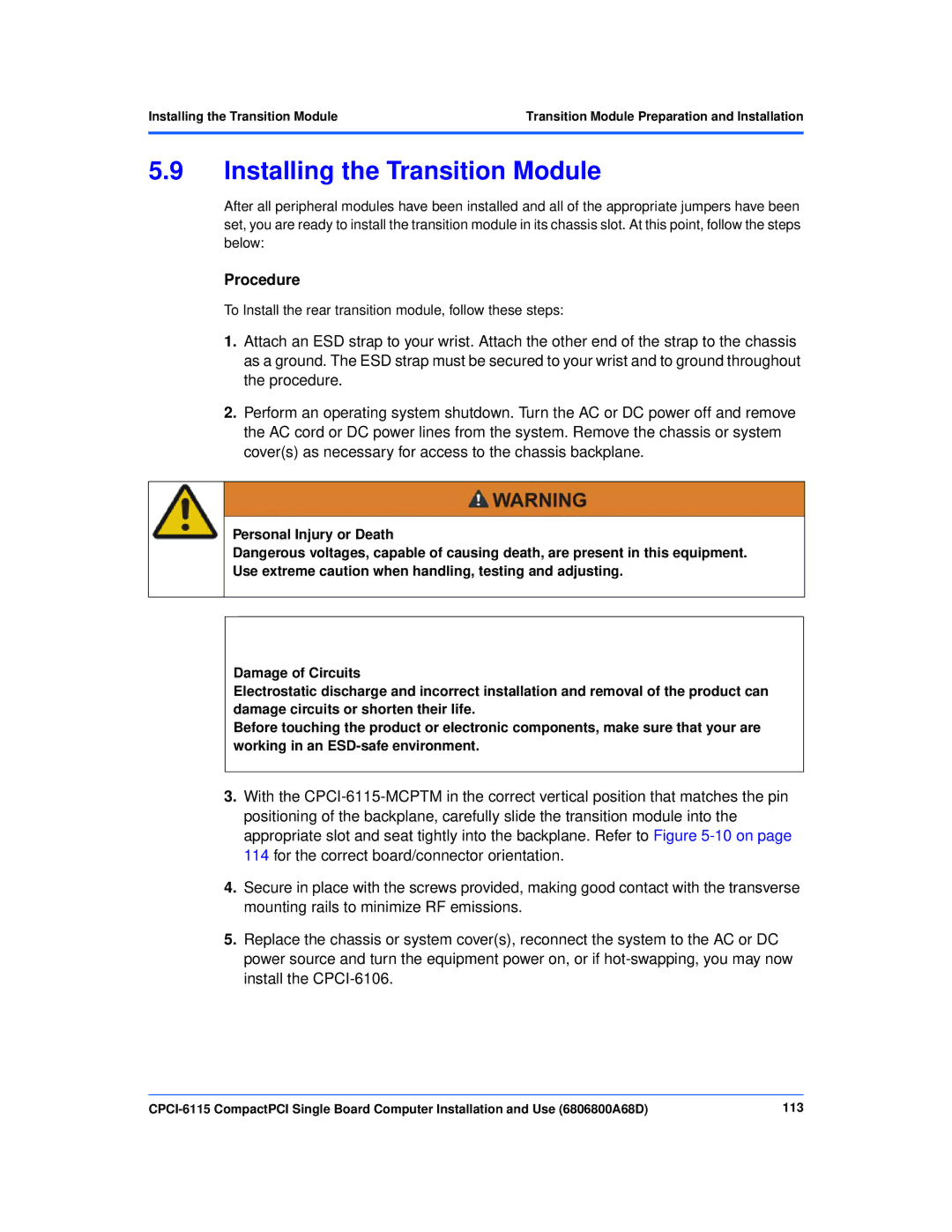 Motorola CPCI-6115 manual Installing the Transition Module 