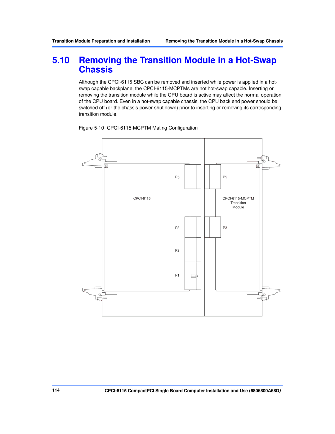 Motorola CPCI-6115 manual Removing the Transition Module in a Hot-Swap Chassis, 114 