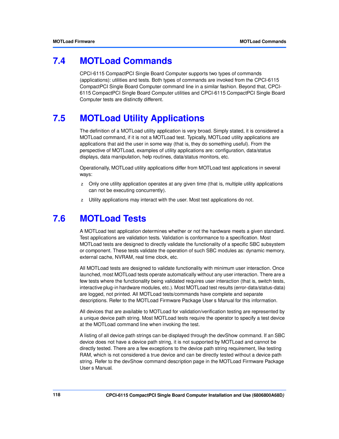 Motorola CPCI-6115 manual MOTLoad Commands, MOTLoad Utility Applications, MOTLoad Tests, MOTLoad Firmware, 118 