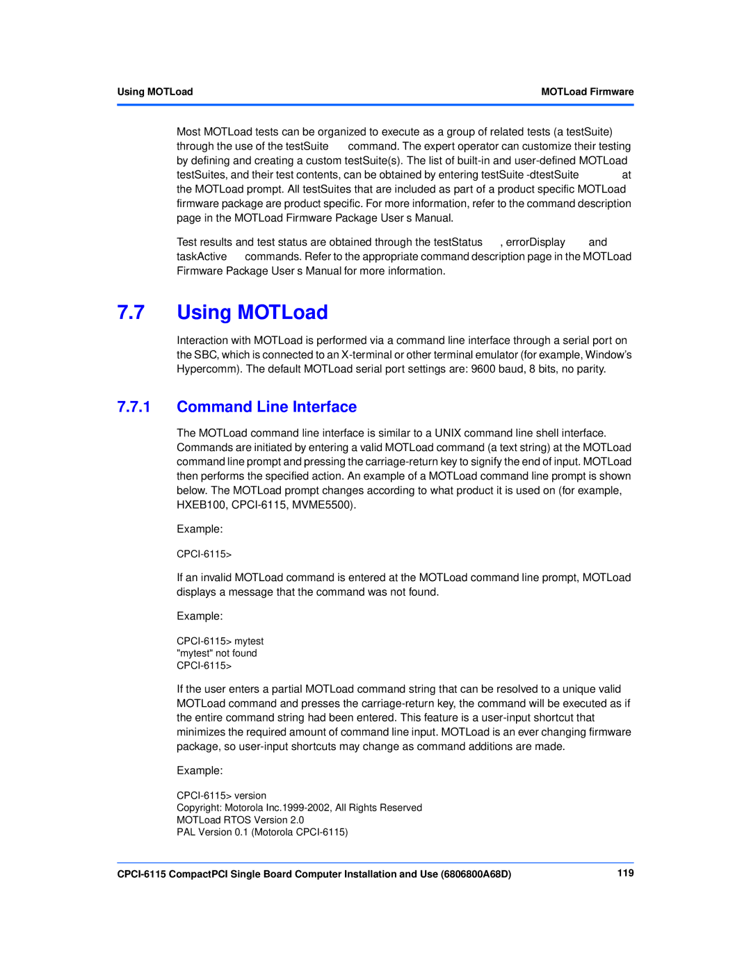 Motorola CPCI-6115 manual Using MOTLoad, Command Line Interface 