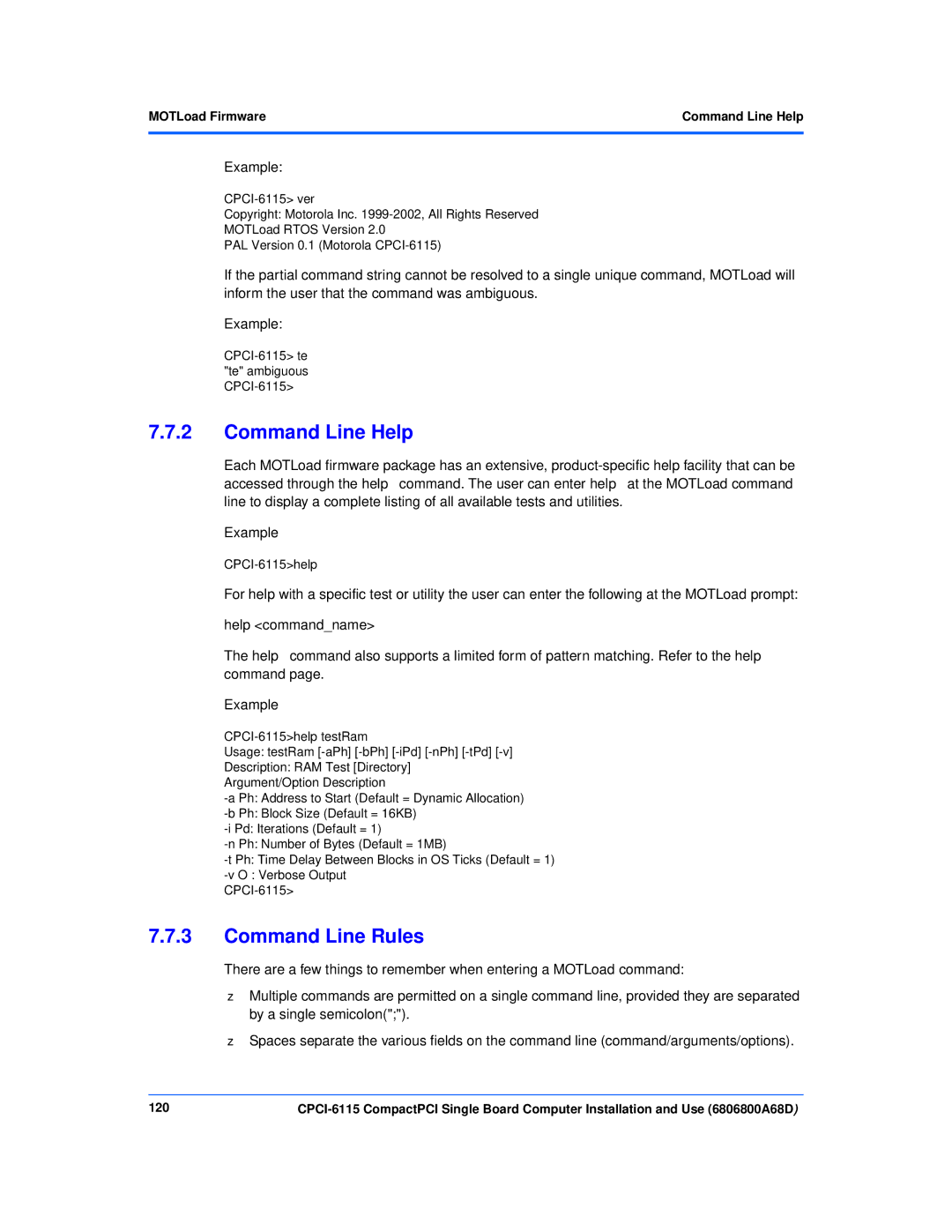 Motorola CPCI-6115 manual Command Line Rules, MOTLoad FirmwareCommand Line Help, 120 