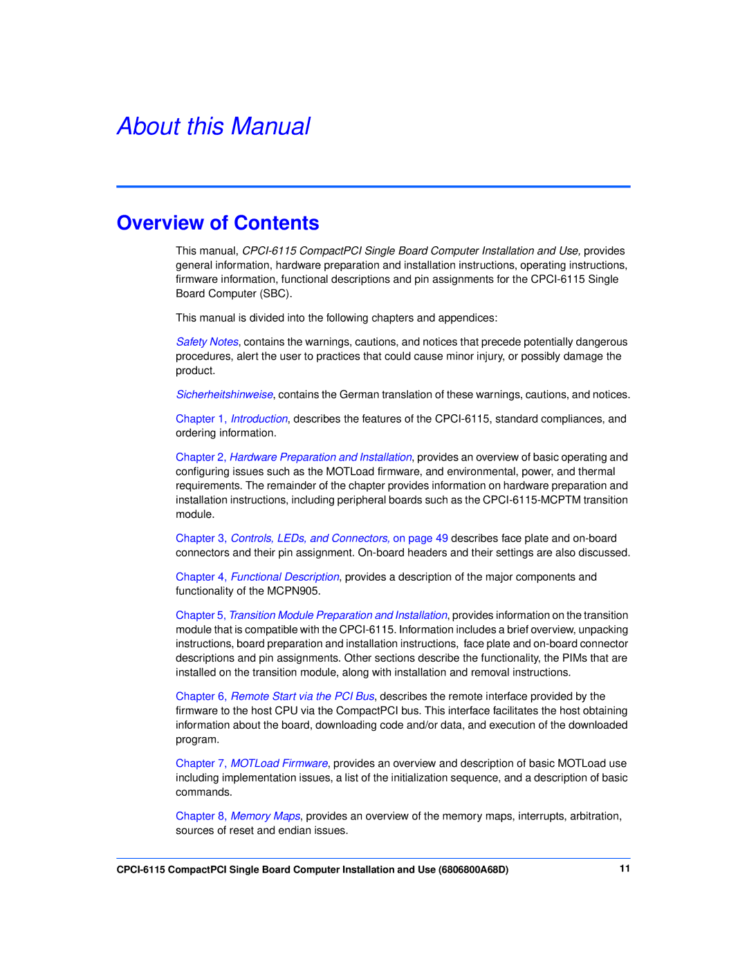 Motorola CPCI-6115 manual About this Manual, Overview of Contents 