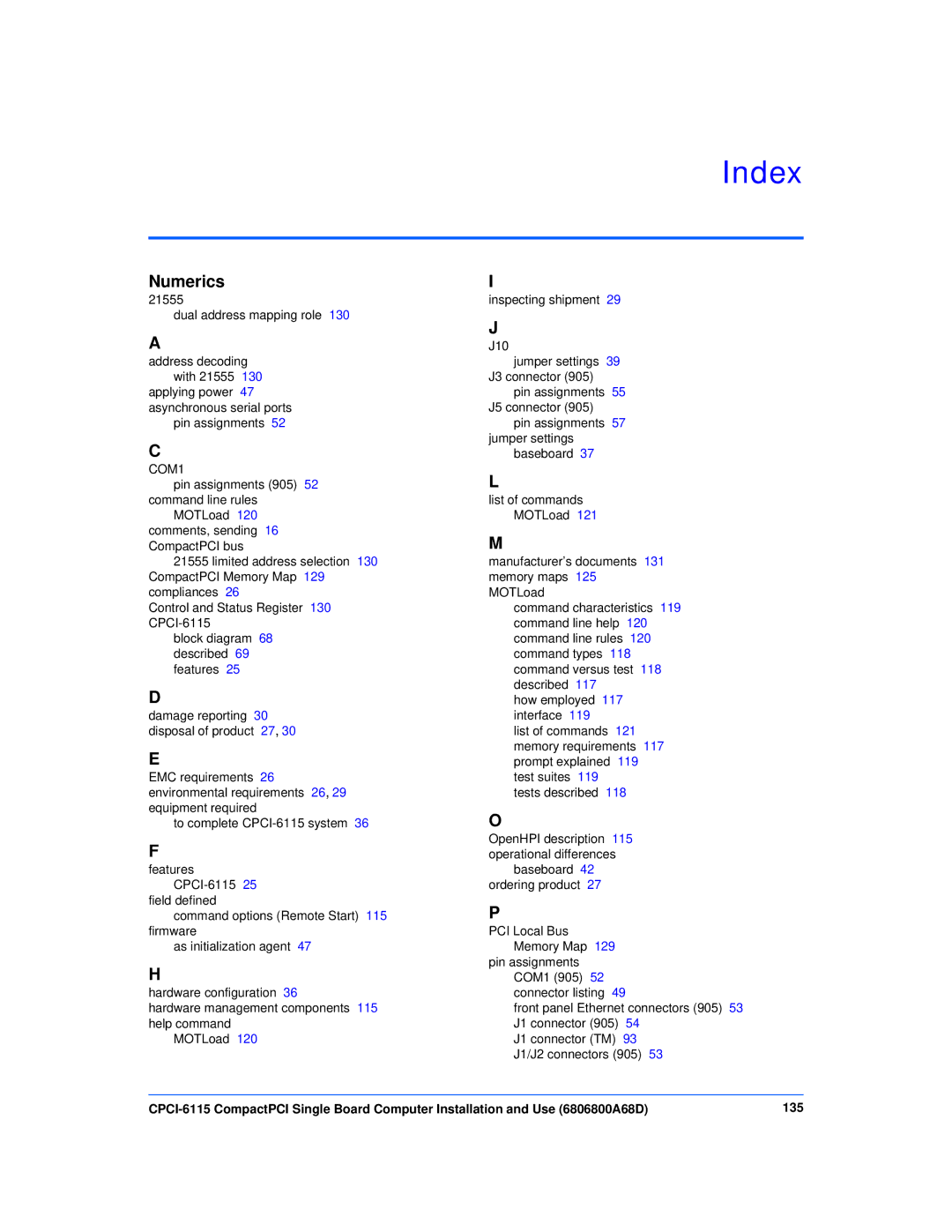 Motorola CPCI-6115 manual Index, COM1 