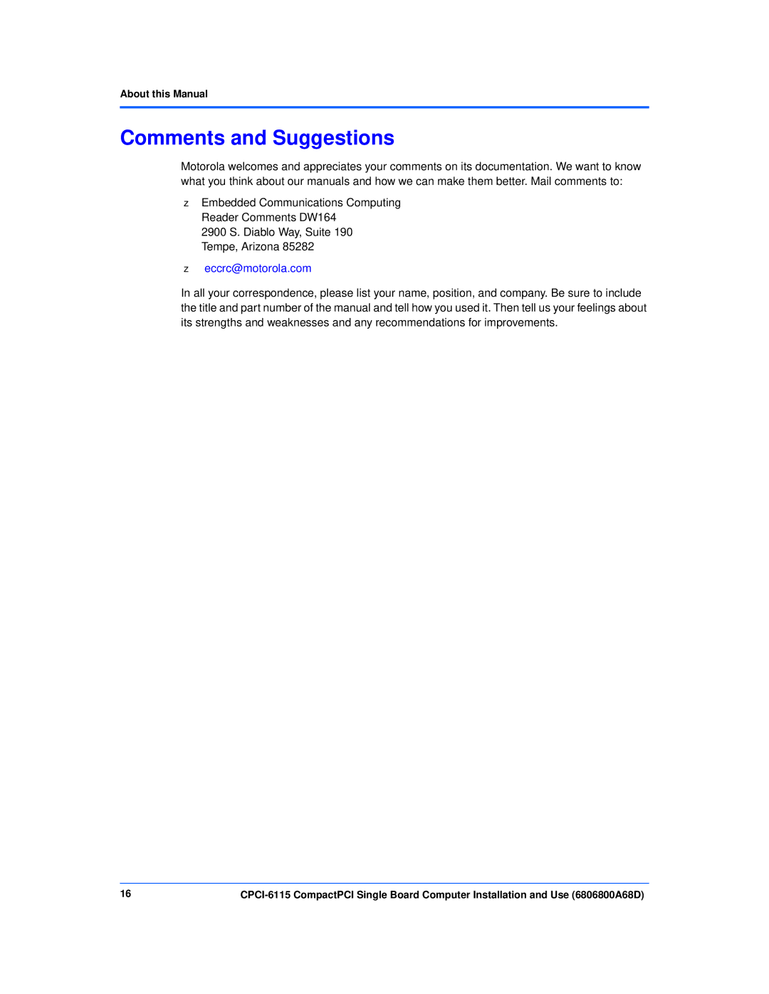 Motorola CPCI-6115 manual Comments and Suggestions, Eccrc@motorola.com 