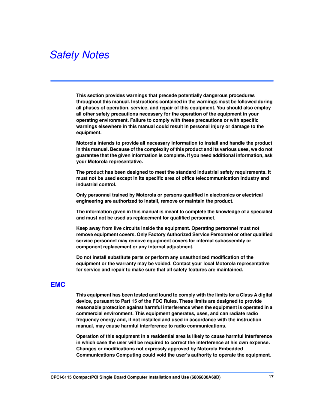 Motorola CPCI-6115 manual Safety Notes, Emc 