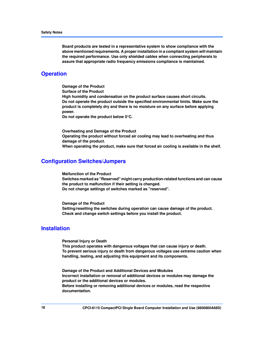 Motorola CPCI-6115 manual Operation, Configuration Switches/Jumpers, Installation, Safety Notes 