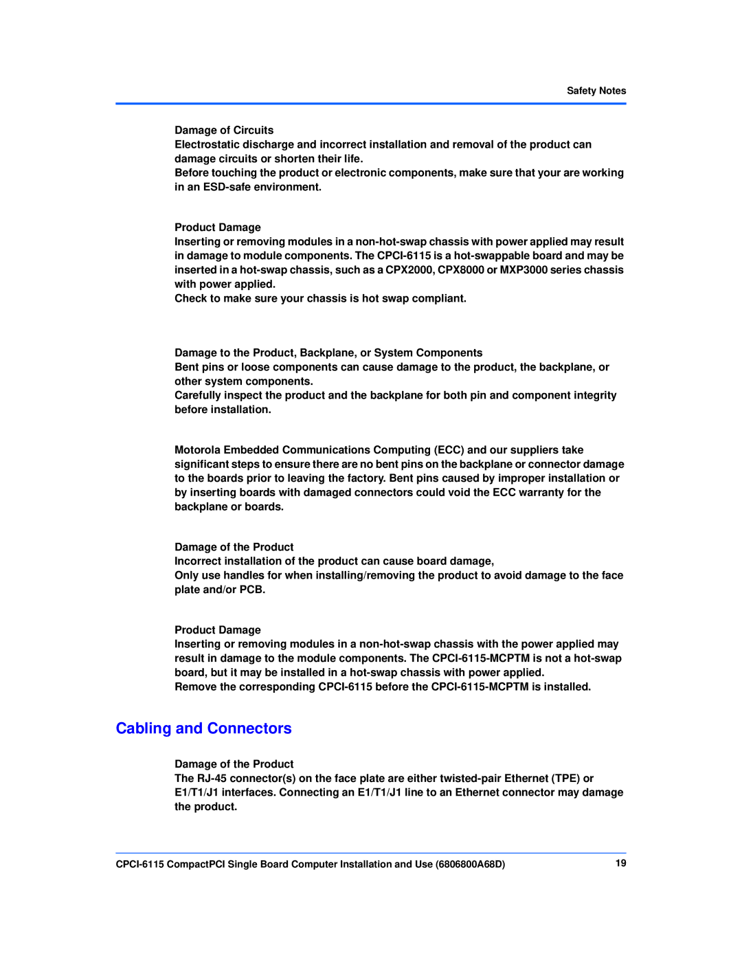 Motorola CPCI-6115 manual Cabling and Connectors 