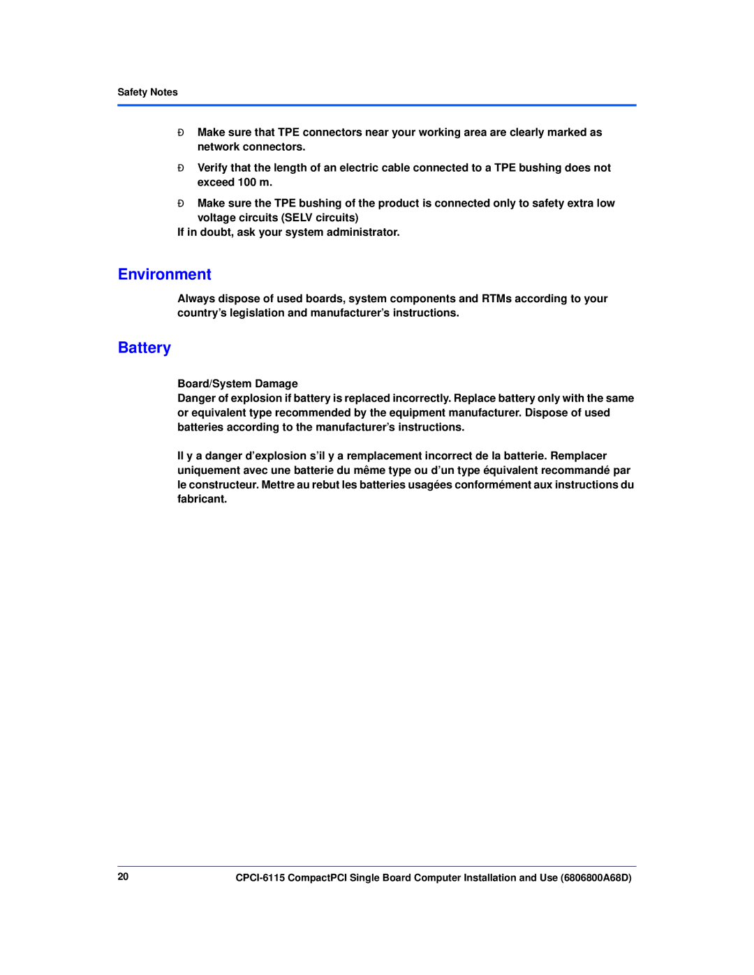 Motorola CPCI-6115 manual Environment, Battery 