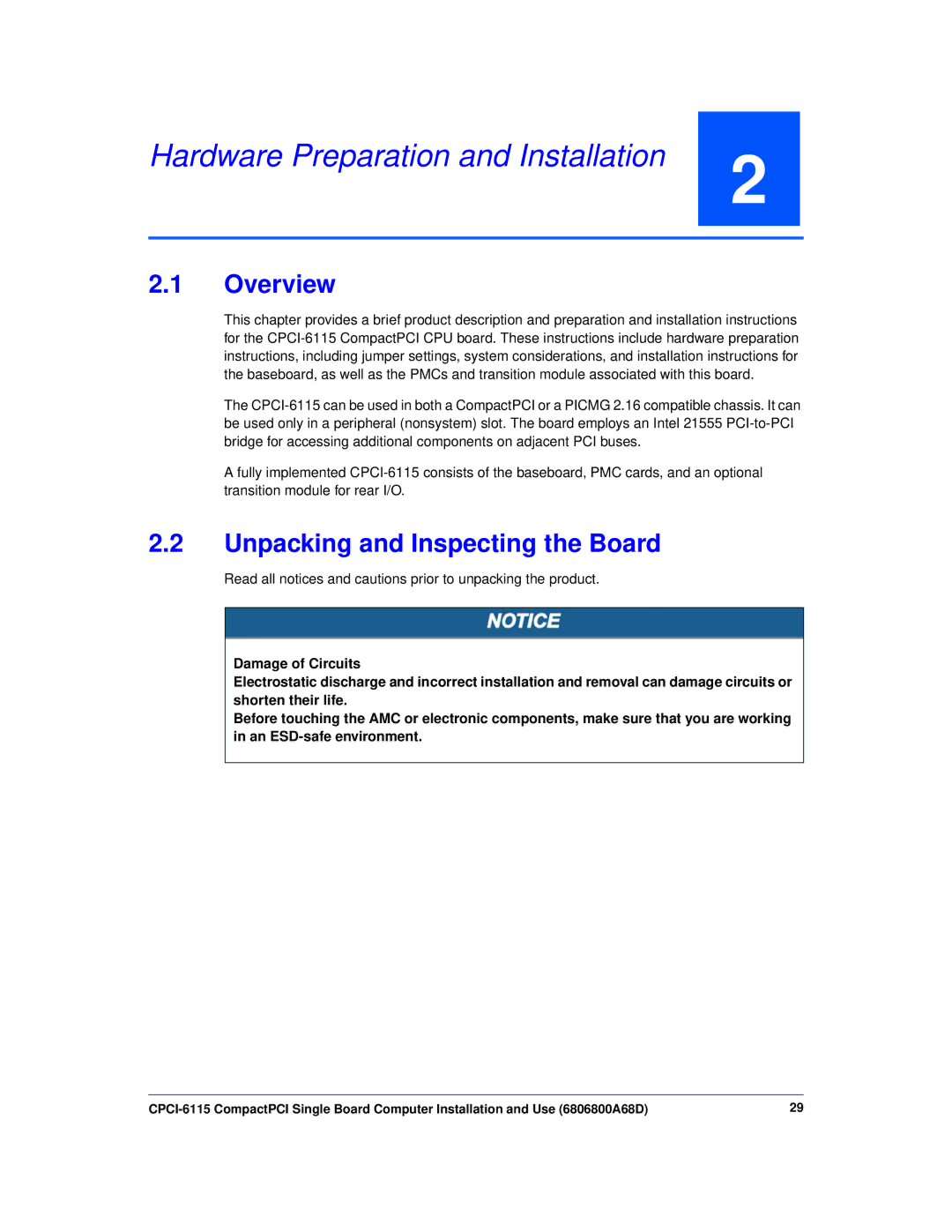 Motorola CPCI-6115 manual Hardware Preparation and Installation, Overview, Unpacking and Inspecting the Board 