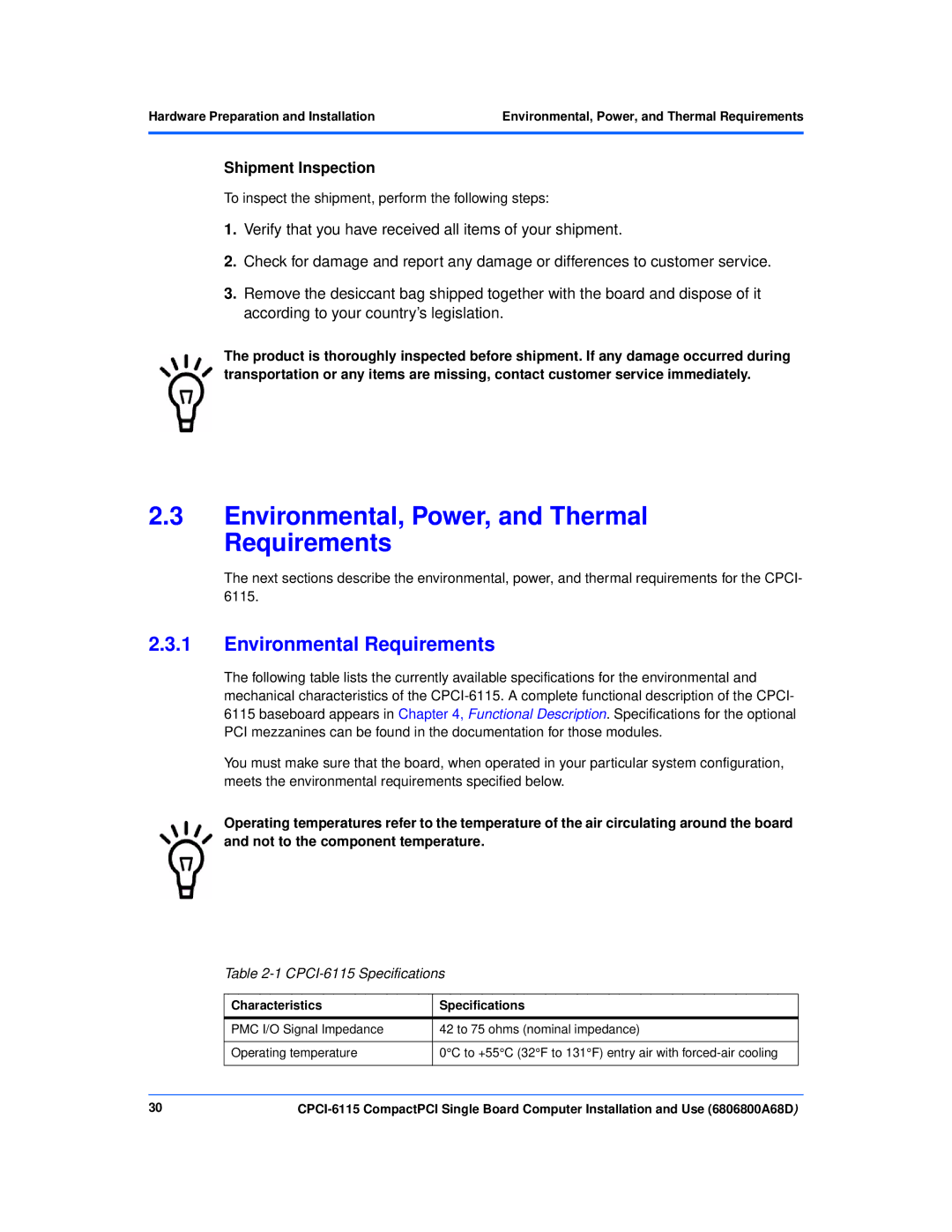 Motorola manual Environmental, Power, and Thermal Requirements, Environmental Requirements, CPCI-6115 Specifications 