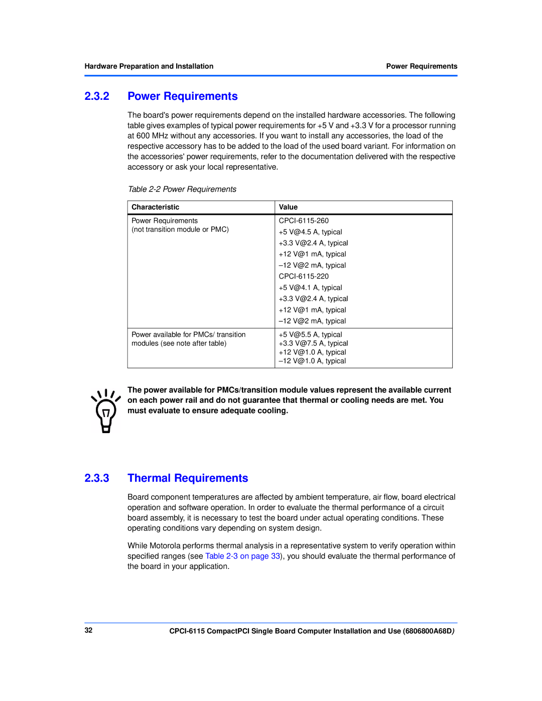 Motorola CPCI-6115 manual Power Requirements, Thermal Requirements, Characteristic Value 