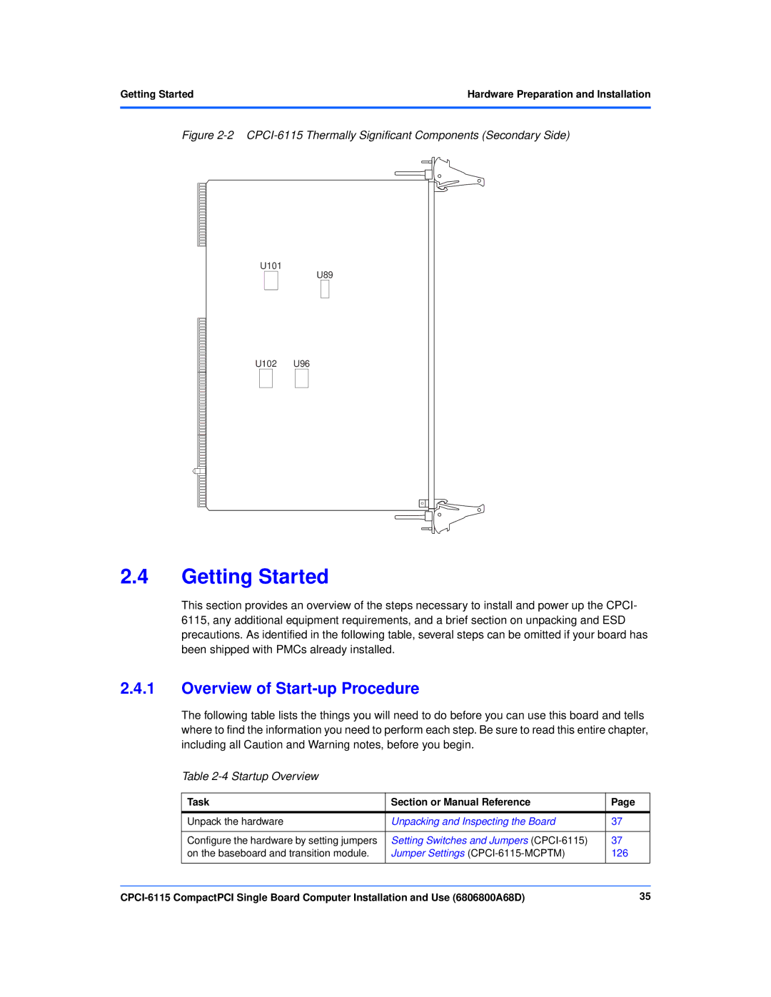 Motorola CPCI-6115 manual Getting Started, Overview of Start-up Procedure, Startup Overview 