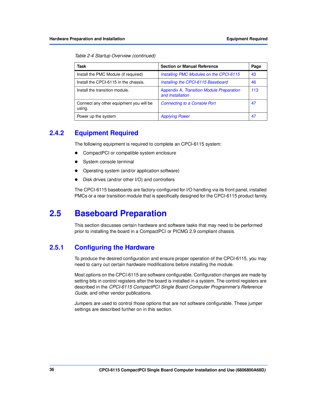 Motorola CPCI-6115 manual Baseboard Preparation, Equipment Required, Configuring the Hardware 