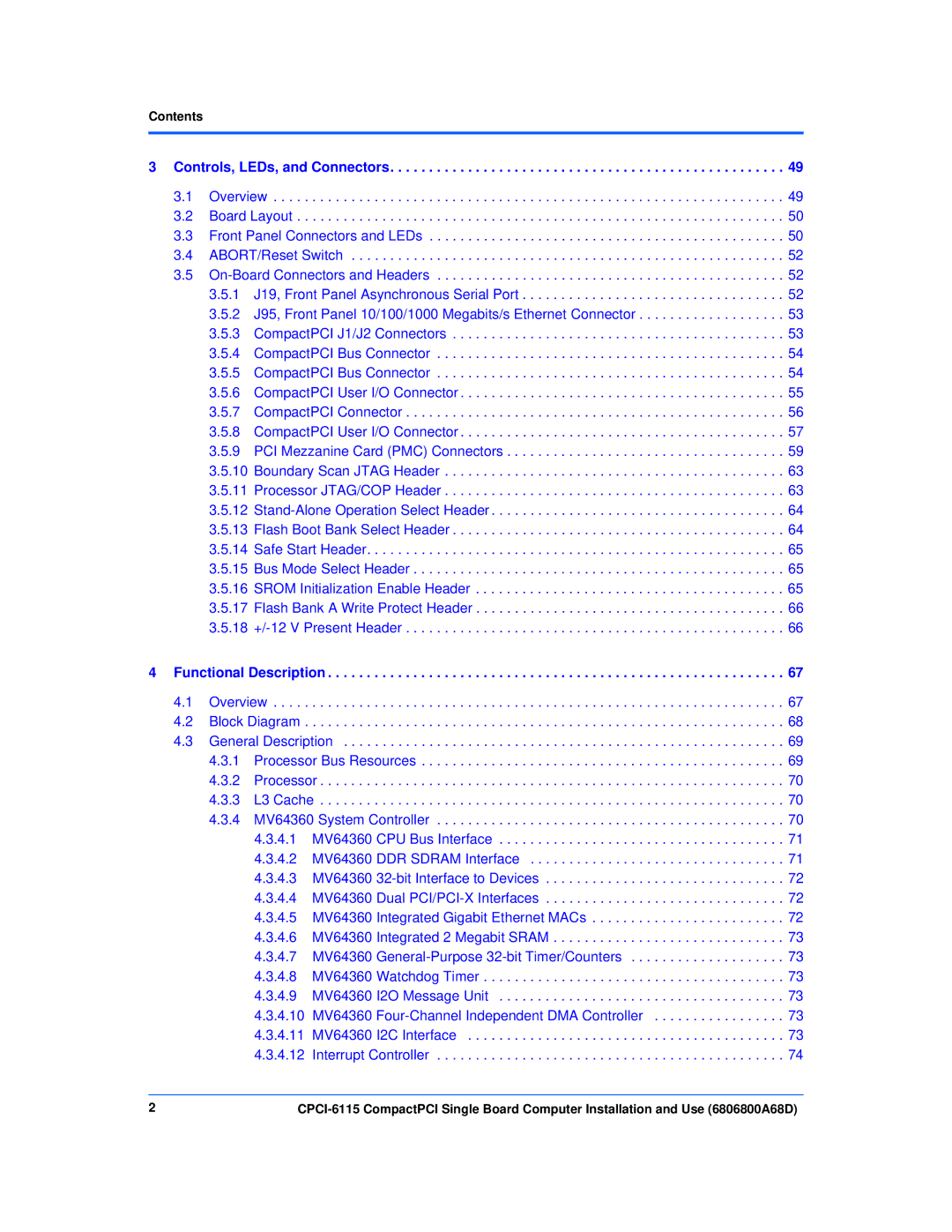 Motorola CPCI-6115 manual Controls, LEDs, and Connectors, Contents 