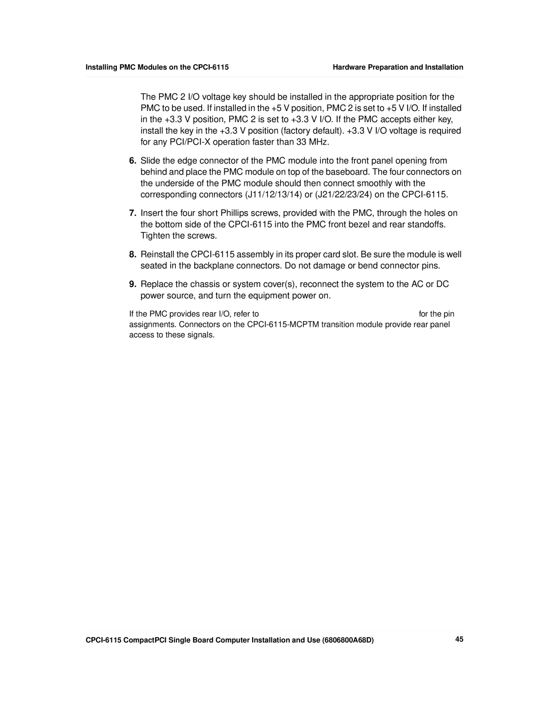 Motorola manual Installing PMC Modules on the CPCI-6115 