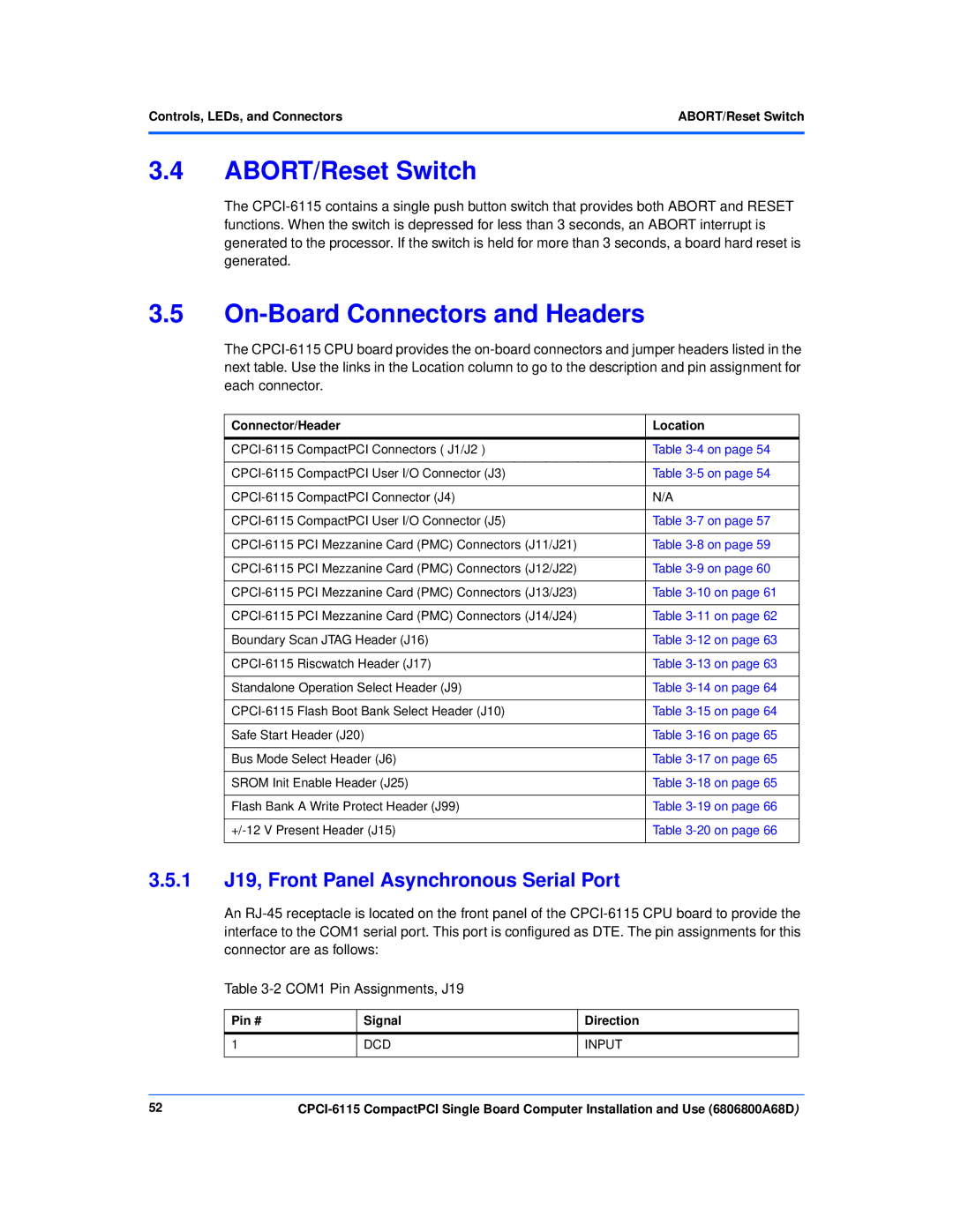 Motorola CPCI-6115 manual ABORT/Reset Switch, On-Board Connectors and Headers, 1 J19, Front Panel Asynchronous Serial Port 