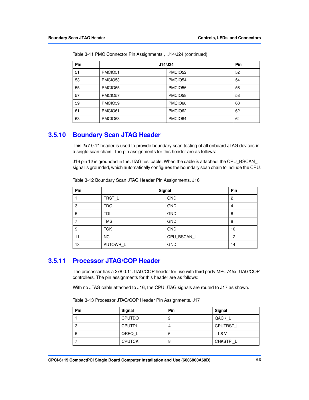 Motorola CPCI-6115 manual Processor JTAG/COP Header, Boundary Scan Jtag Header Pin Assignments, J16 