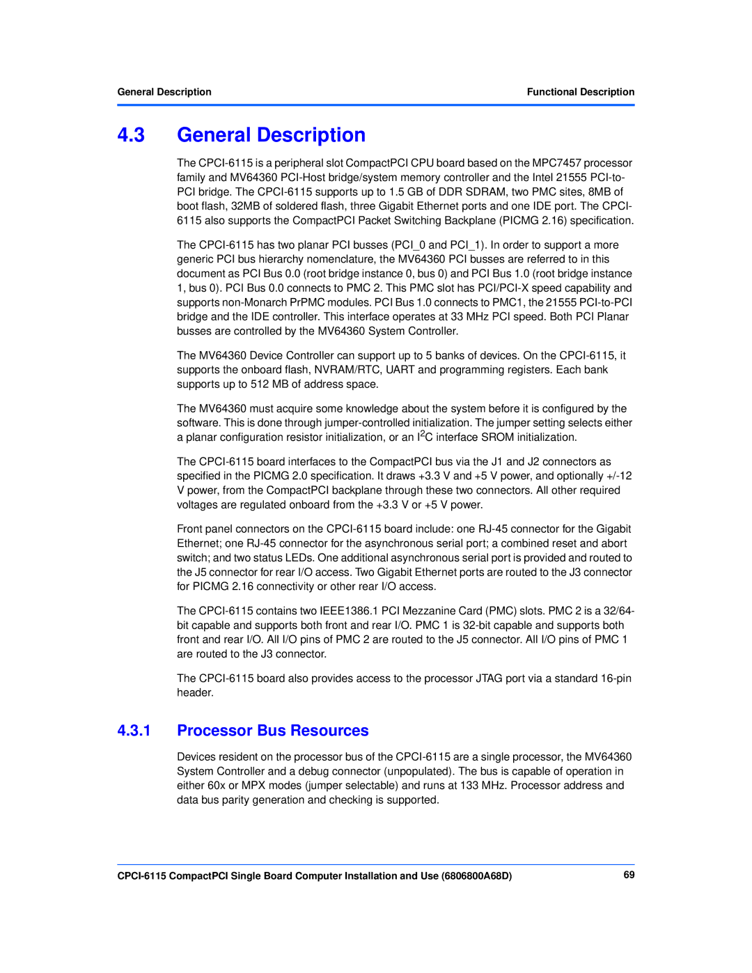 Motorola CPCI-6115 manual General Description, Processor Bus Resources 