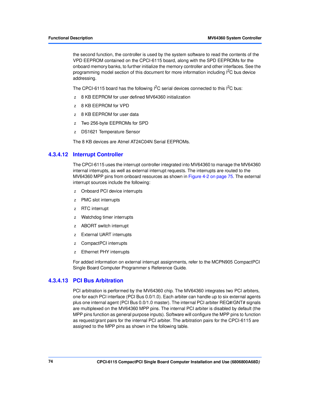 Motorola CPCI-6115 manual Interrupt Controller, PCI Bus Arbitration 